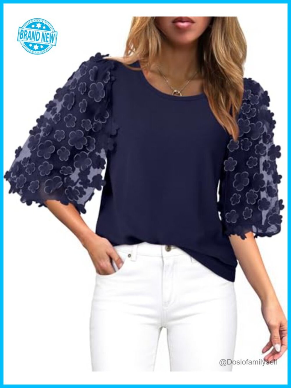 Women Cotton 3/4 Puff Sleeve Blouse Mesh Applique Crew Neck Casual Top